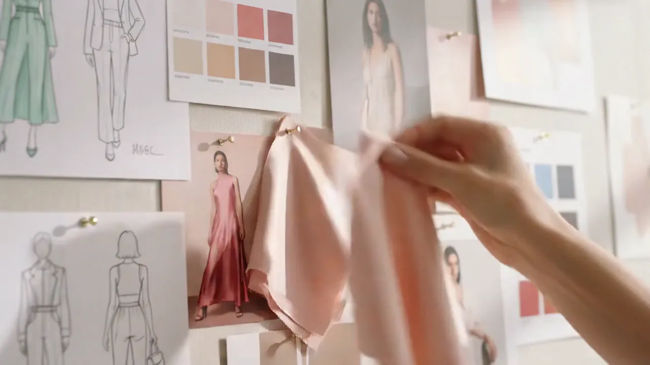 Hands reviewing fabric samples on a studio moodboard wall