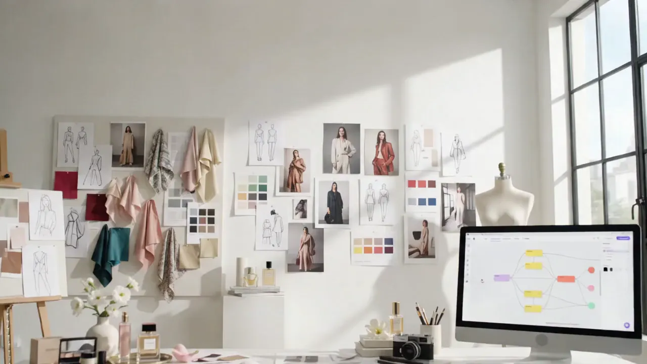 Design studio with a moodboard wall and a workflow on a desktop screen