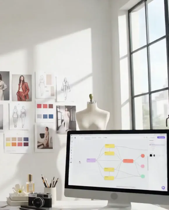Design studio with a moodboard wall and a workflow on a desktop screen