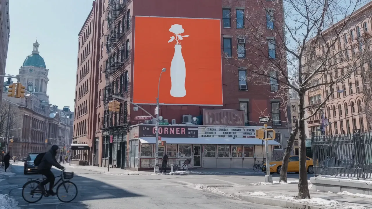 A coral billboard above a New York street corner