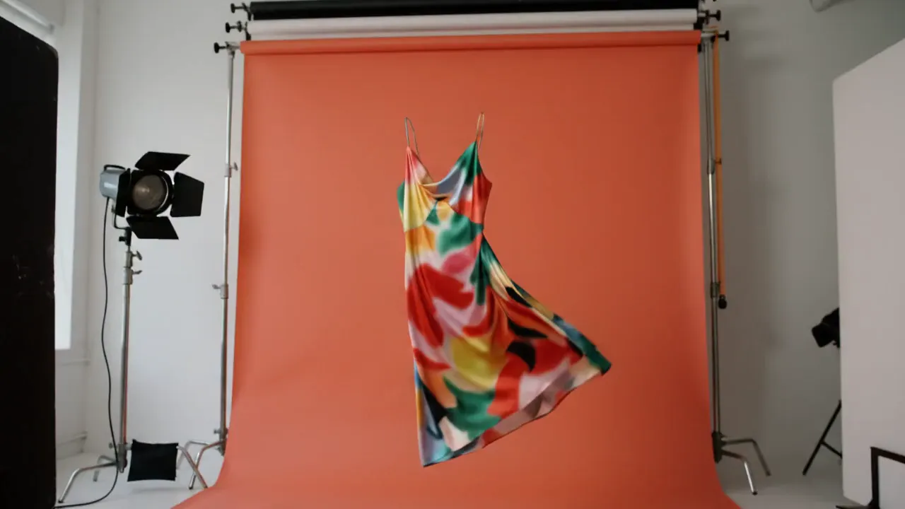 A printed silk dress suspended against a coral studio backdrop