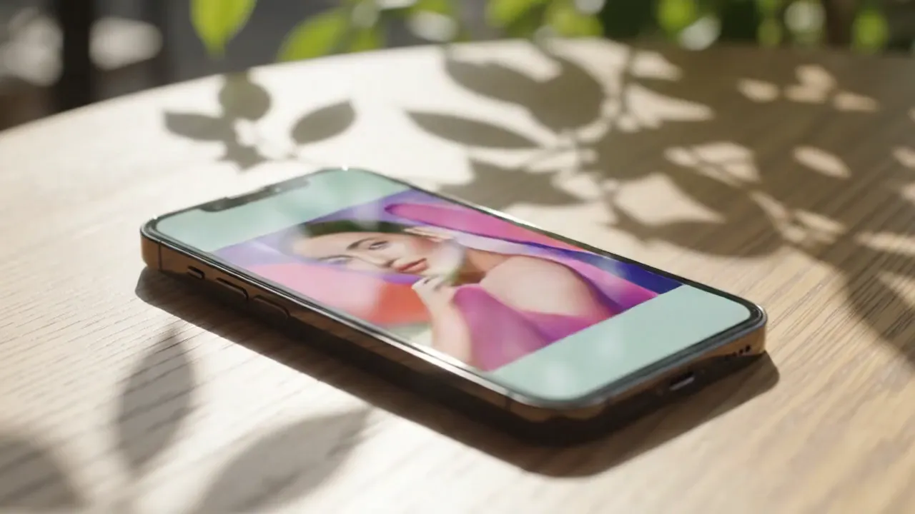 A smartphone resting on a sunlit table beneath leaf shadows