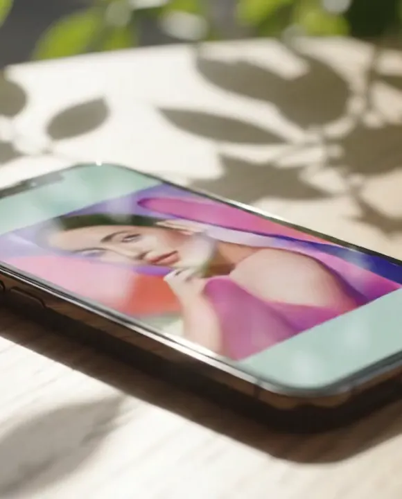 A smartphone resting on a sunlit table beneath leaf shadows