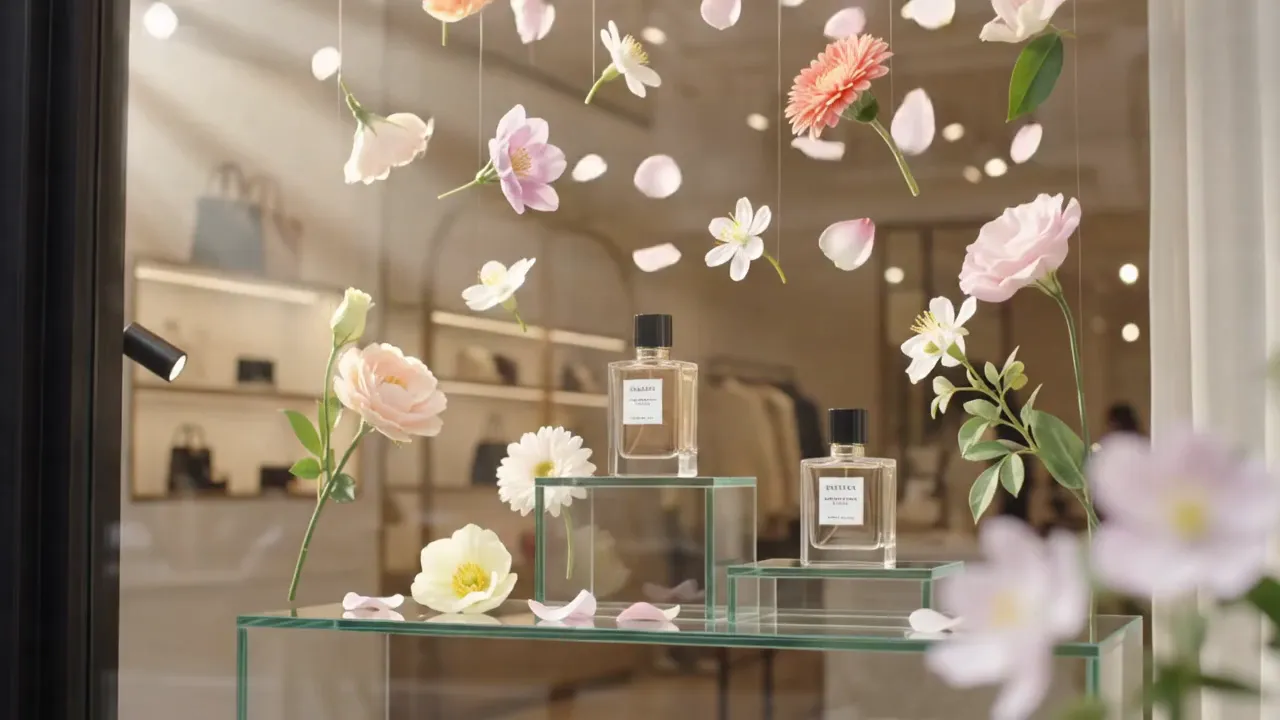 Fragrance bottles displayed on glass plinths among suspended flowers in a boutique