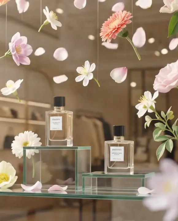 Fragrance bottles displayed on glass plinths among suspended flowers in a boutique