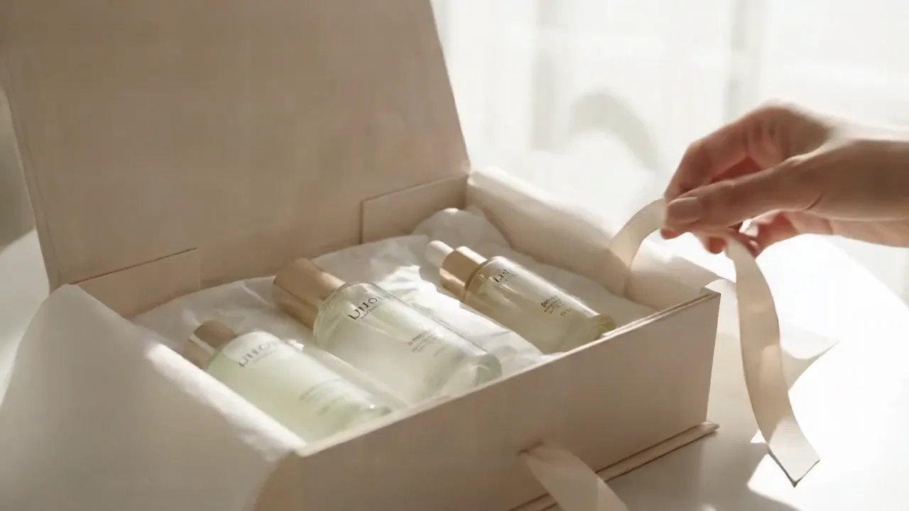 Hands opening a gift box of fragrance bottles