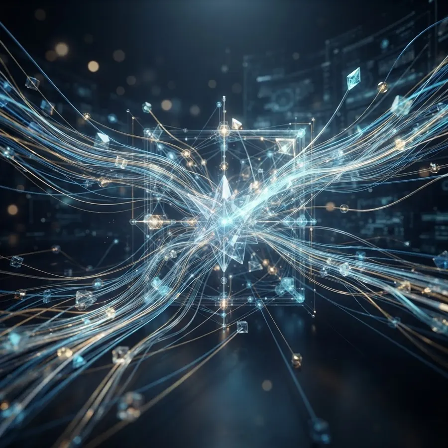 Flowing silver and blue data paths converging in a digital space
