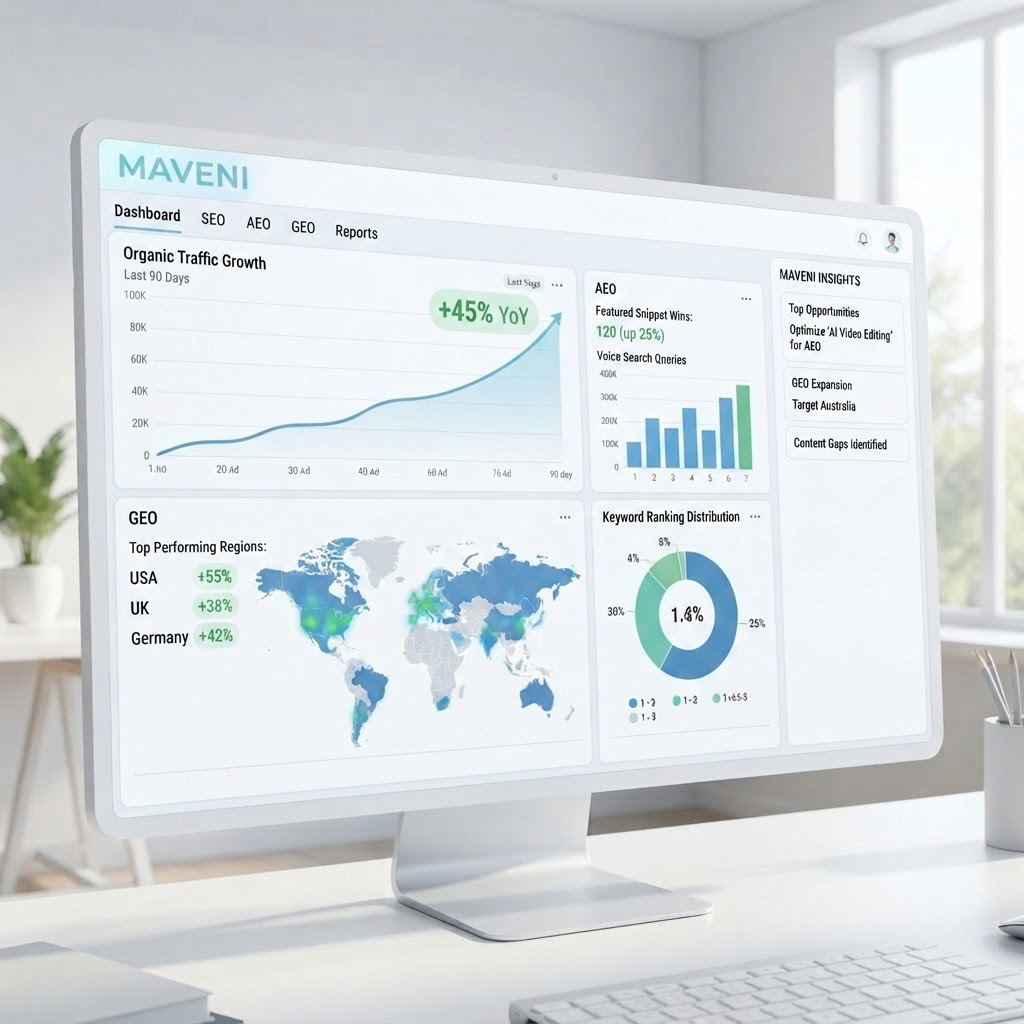 Maveni SEO, AEO and GEO performance dashboard displayed on a desktop monitor